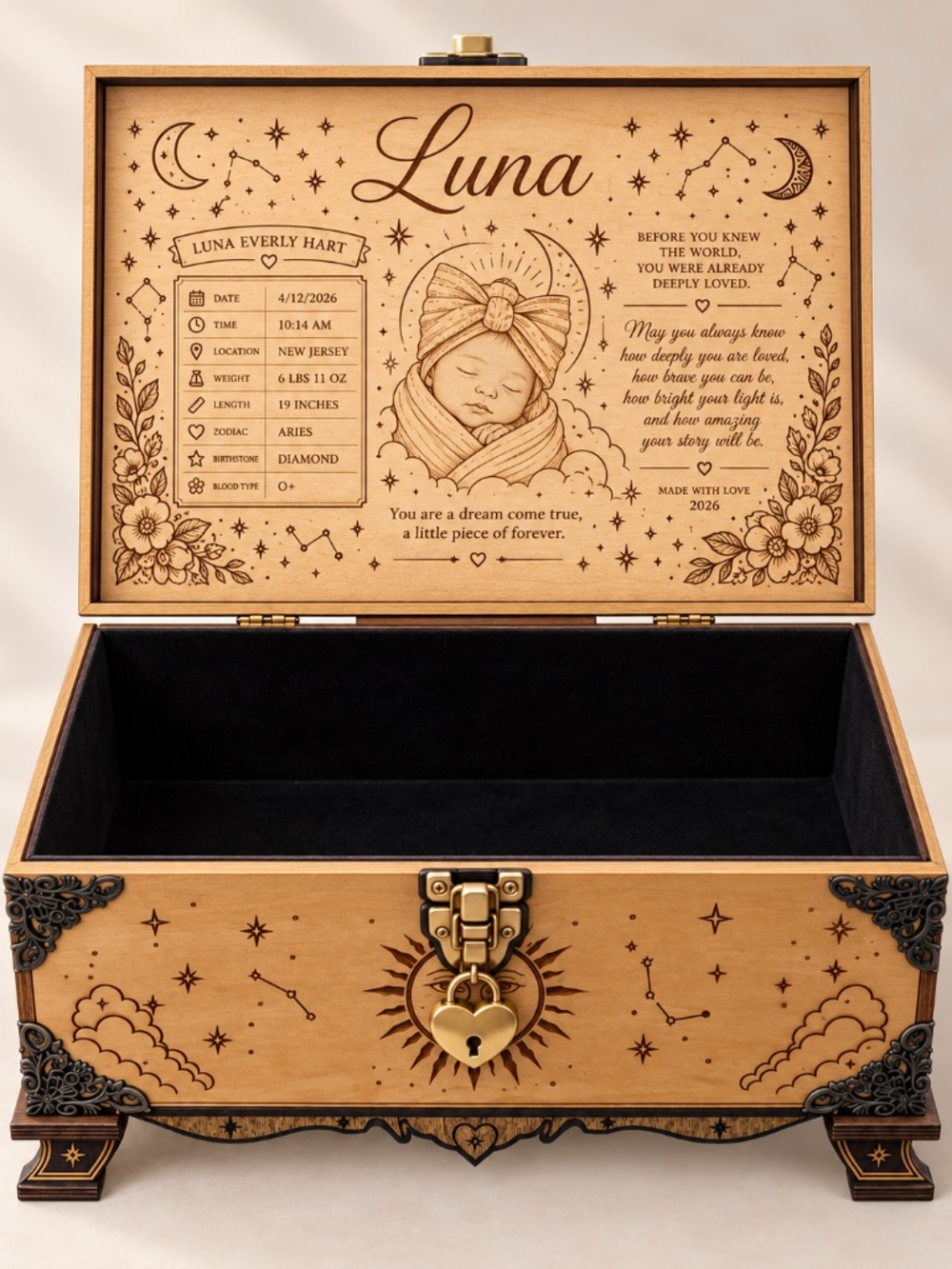 Personalized Baby Time Capsule Box, Celestial Basswood Keepsake Chest with Heart - Picture 6 of 6